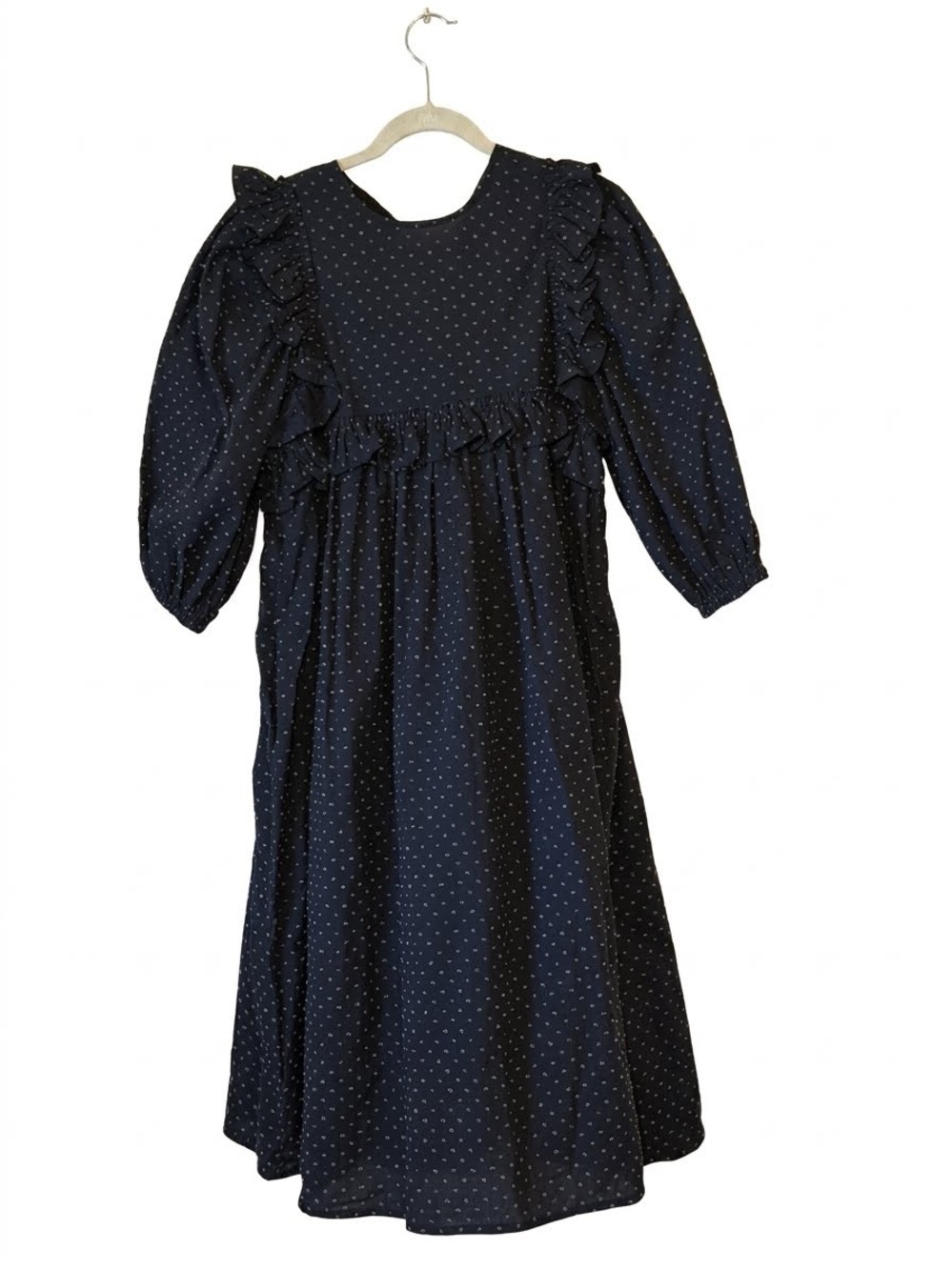Toit Volant Black Ruffled Polka Dot Midi Dress - Size Small S NWT